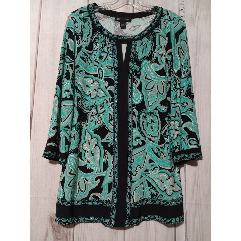 INC Tunic Top Womens Large Black Teal Paisley Print 3/4 Sleeve Embellished